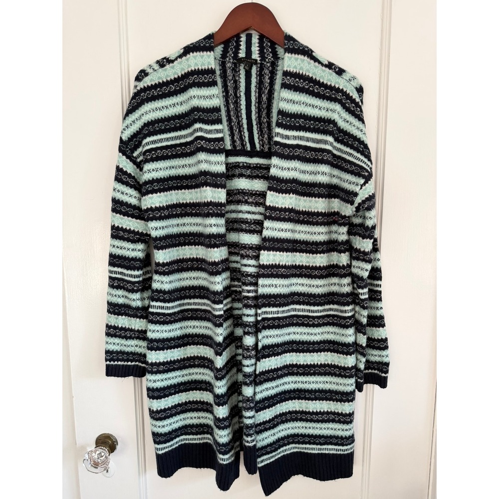 Talbots Cardigan Women Large Blue Mint Fair Isle Striped Open Front Sweater